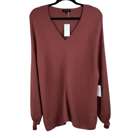 1.State V-Neck Ribbed Balloon Sleeve Terracotta Brown Oversize Sweater Large NWT - Picture 2 of 12